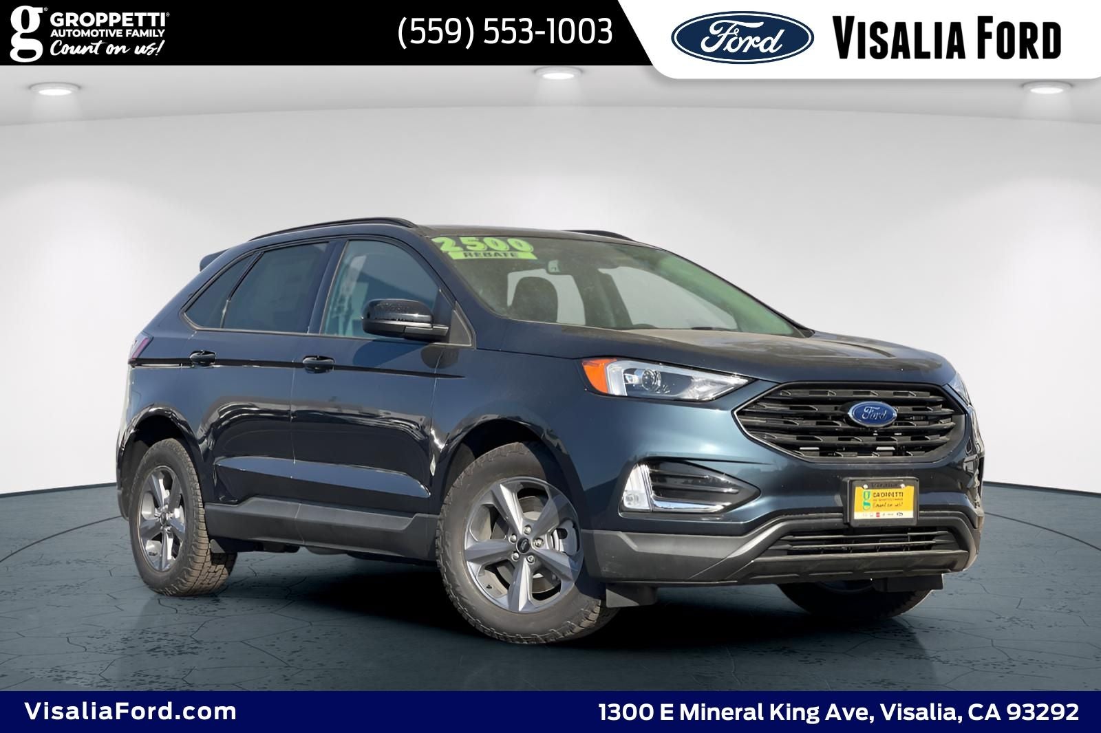 2024 Ford Edge SEL in Stone Blue — front three-quarter view