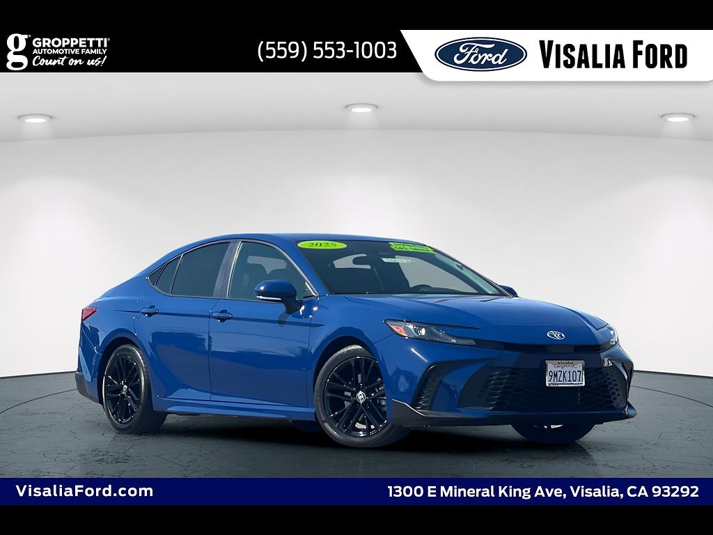 2025 Toyota Camry SE in Blue — front three-quarter view